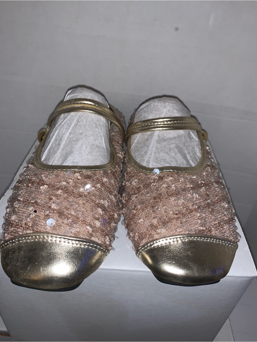 Girls Pink Sequin Mary Jane Flats with Gold Trim